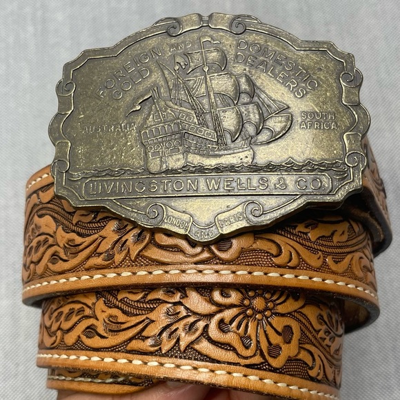 Vintage Livingston Wells&Co Nautical Gold Dealers w/Tooled Leather Hibiscus Belt - Picture 1 of 14